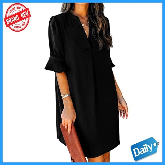 Other - V-Neck Ruffle Short Sleeve Shift Dress, Polyester Casual Summer Wear